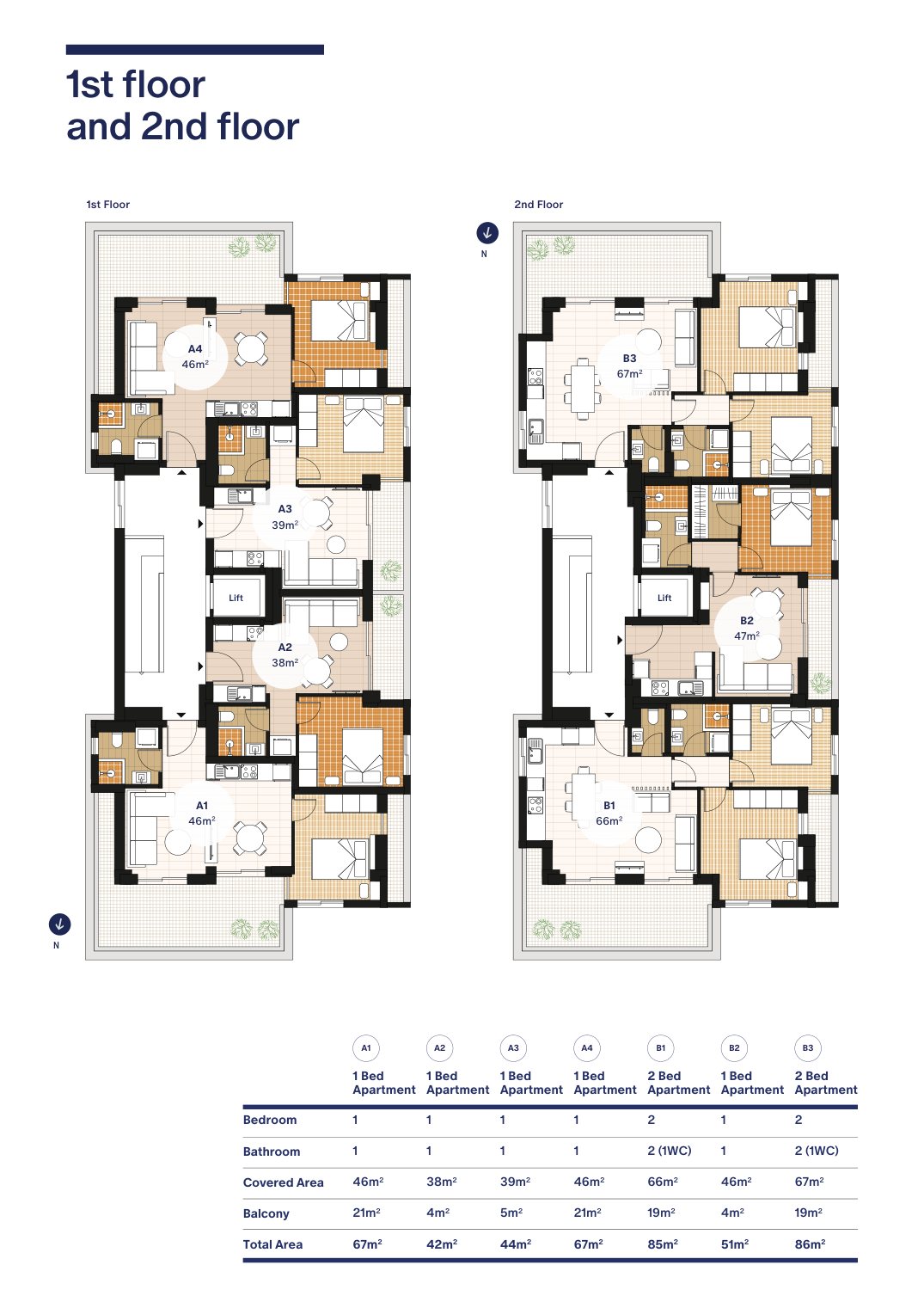 1. ve 2. kat · A ve B daireleri